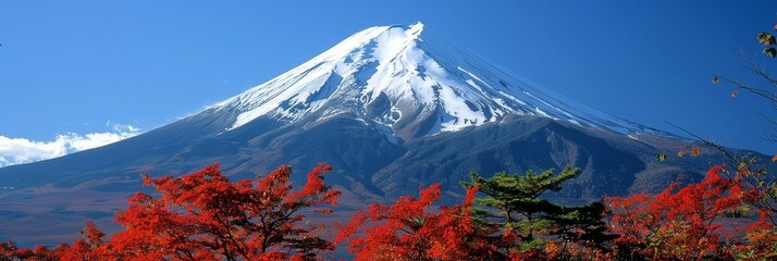 Snow capped mtfuji, tokyo s tallest volcano with autumn red trees   sacred symbol nature landscape - obrazy, fototapety, plakaty