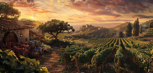 A scenic vineyard with rows of grapevines, a rustic wine cellar, and a stunning sunset.