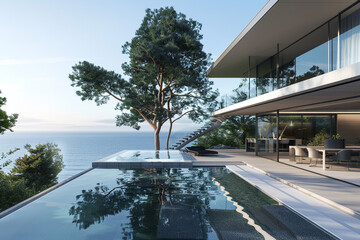 A stunning glass-walled house with panoramic views, a floating staircase, and a sleek outdoor pool. - obrazy, fototapety, plakaty