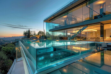 A stunning glass-walled house with panoramic views, a floating staircase, and a sleek outdoor pool. - obrazy, fototapety, plakaty