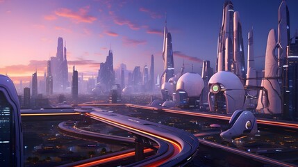 Futuristic city at night with fast moving cars. 3d rendering