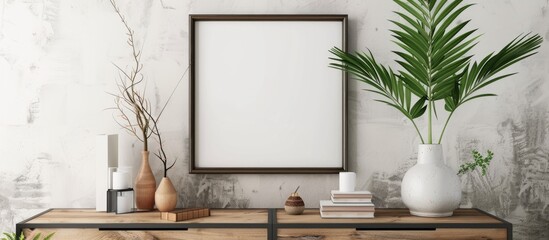 The modern living room features a mock-up poster frame, wooden dresser, book, tropical leaf in a ceramic vase, and stylish personal accessories. It reflects a minimalist approach to home decor.