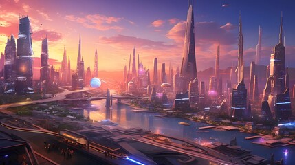 Futuristic panoramic view of Dubai at sunset, UAE