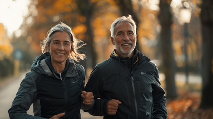 A couple of adults on a morning run - obrazy, fototapety, plakaty