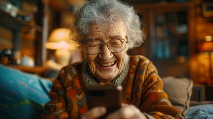 A portrait of a Funny old woman looking at a smartphone screen - obrazy, fototapety, plakaty