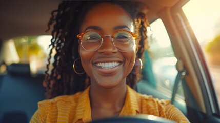 A Smiling American African woman driving car - obrazy, fototapety, plakaty