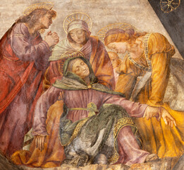 MILAN, ITALY - MARCH 7, 2024: The detail of  renaissance fresco of Crucifixion (sorrow under the cross) - Cappella della Passione in San Giorgio in Palazo church by Bernardino Luini (1516) - obrazy, fototapety, plakaty