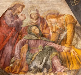 Foto op Canvas MILAN, ITALY - MARCH 7, 2024: The detail of  renaissance fresco of Crucifixion (sorrow under the cross) - Cappella della Passione in San Giorgio in Palazo church by Bernardino Luini (1516) © Renáta Sedmáková
