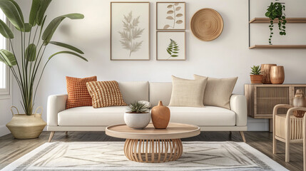 Round wooden coffee table with white sofa. Scandinavian interior design for a modern living room