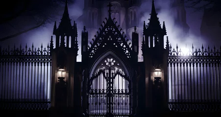 a gothic church at night with a person sitting on a bench © Michael