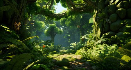a lush green jungle with trees and rocks