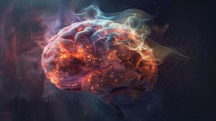 Virtual brain with bright explosion isolated on black banner. Brainstorm concept. Place for text. Generative AI.
