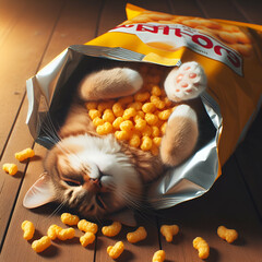 Hungry Healthy Energetic Pet Cat Kitten Animal Laying on its' Back Inside with Paws Sticking Out Inside a Foil Food Package Bag, Delicious Tasty Dry Cheese Corn Puffs. Domestic Balanced Diet Home Life - obrazy, fototapety, plakaty