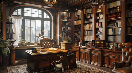 A cozy study room with a mahogany desk, a leather chair, and shelves filled with books. - obrazy, fototapety, plakaty