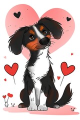 A drawing of a dog with hearts in the background.