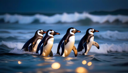 penguins swimming in the ocean during a stormy night