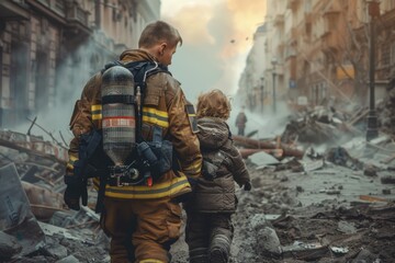 Heartwarming rescuers portrait, honoring bravery and compassion of those who dedicate their lives to saving others, capturing courage and selflessness of rescue workers in powerful visual narrative. - obrazy, fototapety, plakaty