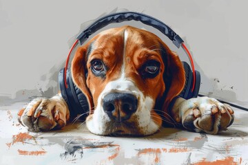 A dog with headphones laying on the floor.