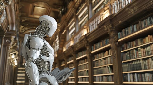 The robot stands in the library with books and shelves.