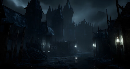 an eerie dark city at night with glowing lights