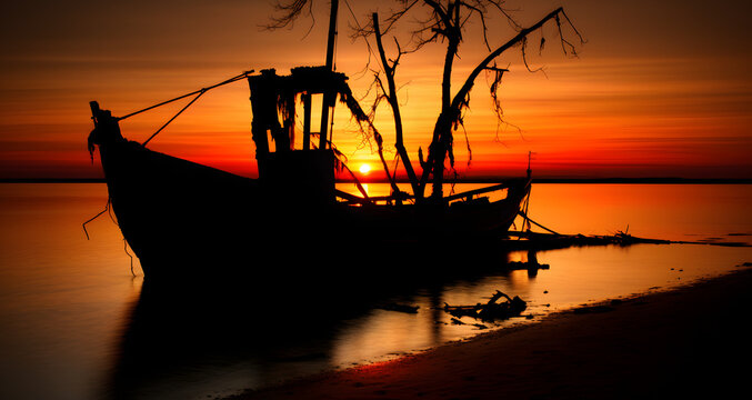 a black - and - white image of the sun sets over the water as an old fishing boat is in the foreground