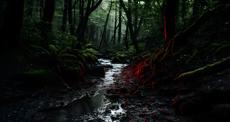 a creek flowing in a forest filled with trees - obrazy, fototapety, plakaty