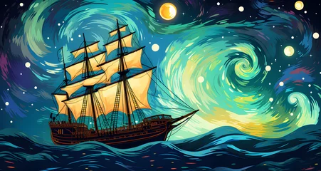 Gordijnen a painting shows a sailboat traveling through a sea with swirling waves and bright stars © Michael