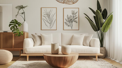 Round wooden coffee table with white sofa. Scandinavian interior design for a modern living room