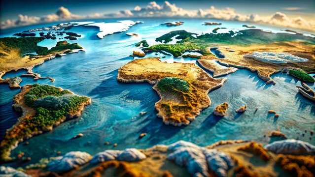 A 3d world map with ocean in the background. Generative ai
