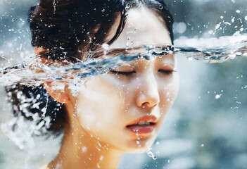 激しい水しぶき、水中の女性の顔のクローズアップ