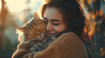 A  beautiful woman hugs her cat