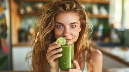 A  beautiful woman drinks a green smoothie