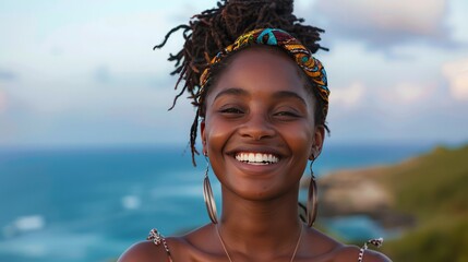 A  beautiful African woman, laughing loudly, sea background