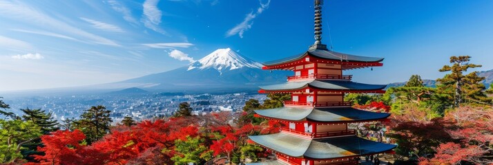 Mtfuji, tallest volcano in tokyo, japan with snow capped peak and autumn red trees, nature wallpaper