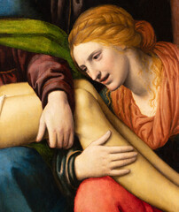  MILAN, ITALY - MARCH 7, 2024: The detail of renaissance painting of Deposition of Christ -...