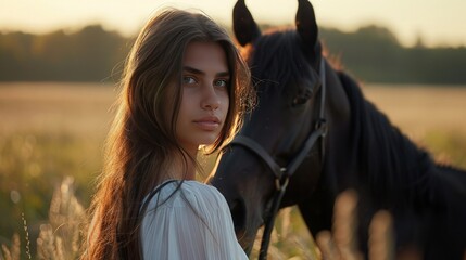 A woman and horse - obrazy, fototapety, plakaty