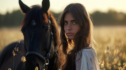 A woman and horse - obrazy, fototapety, plakaty