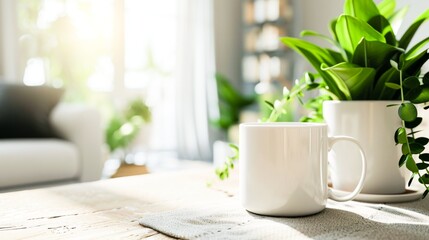A coffee cup on a table next to some plants,mockup,copy space