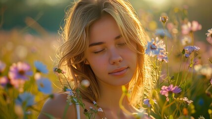 A  beautiful woman is smiling and holding a flower