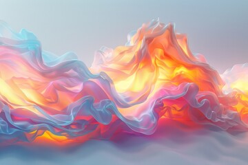 An abstract painting of a mountain covered in colored smoke.