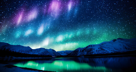 a green and purple aurora lit sky over snow covered mountains - obrazy, fototapety, plakaty