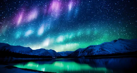 Outdoor kussens a green and purple aurora lit sky over snow covered mountains © Michael