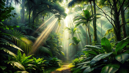 Misty tropical exotic rainforest landscape. Nature wallpaper design. Generative AI