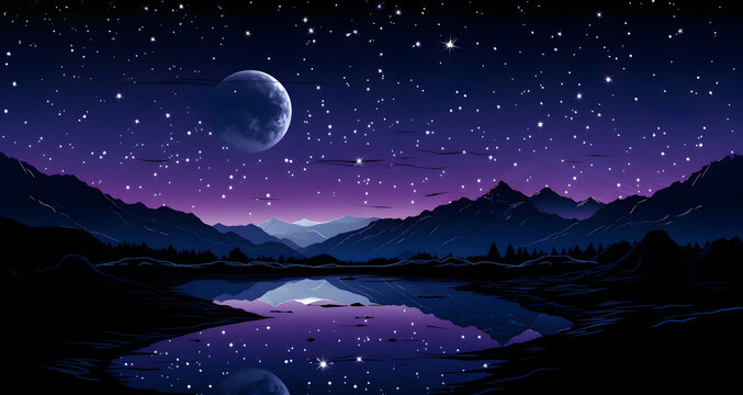 an image of a lake at night with a full moon