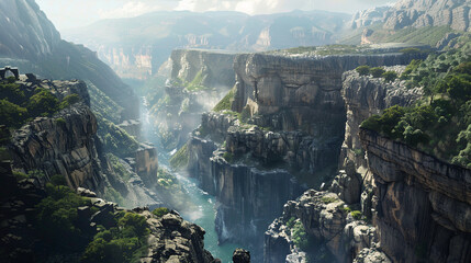 A breathtaking canyon carved over millennia by the forces of nature, with towering cliffs and...