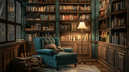 A cozy reading nook with a comfortable armchair, a floor lamp, and a bookshelf filled with books.