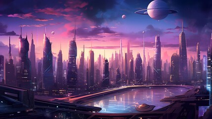 Futuristic city with skyscrapers and high-rise buildings
