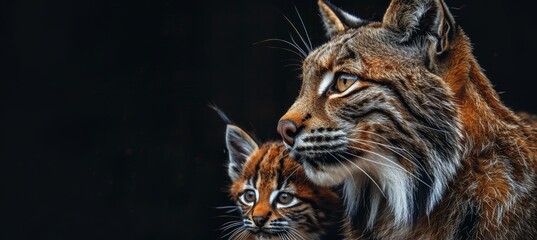 Male bobcat and kitten portrait with empty space on left for text, object on right side - obrazy, fototapety, plakaty