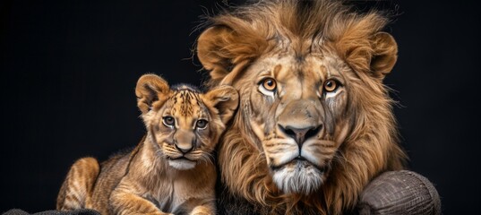 Male lion and cub portrait with space for text, object on right side, perfect for detailed captions