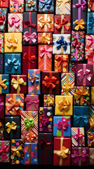 Fototapeta na wymiar A Festive Pile of Beautifully Wrapped Gift Boxes – Celebration, Joy, and the Spirit of Giving
